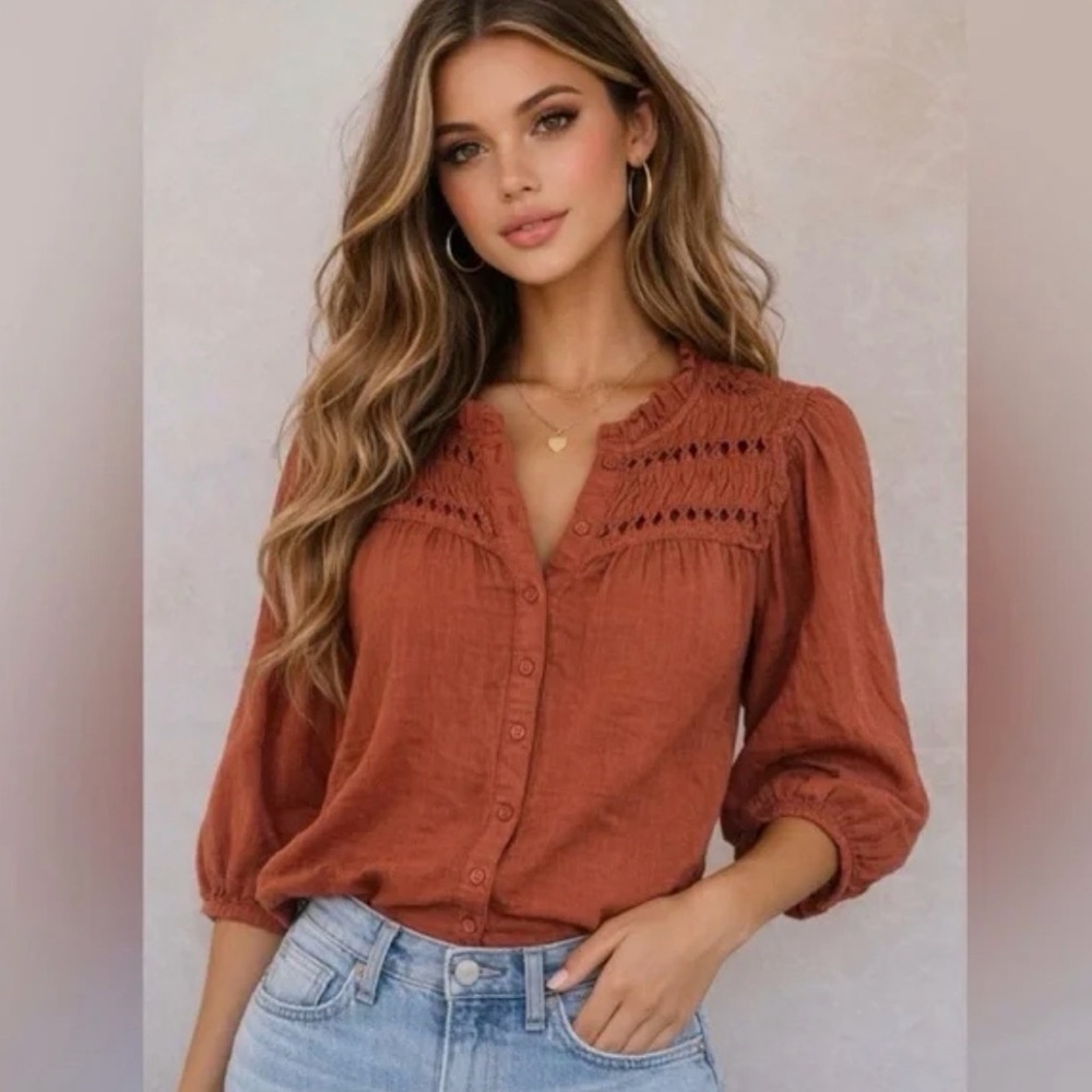 Calypso Women's Rust Smocked Button Front Top